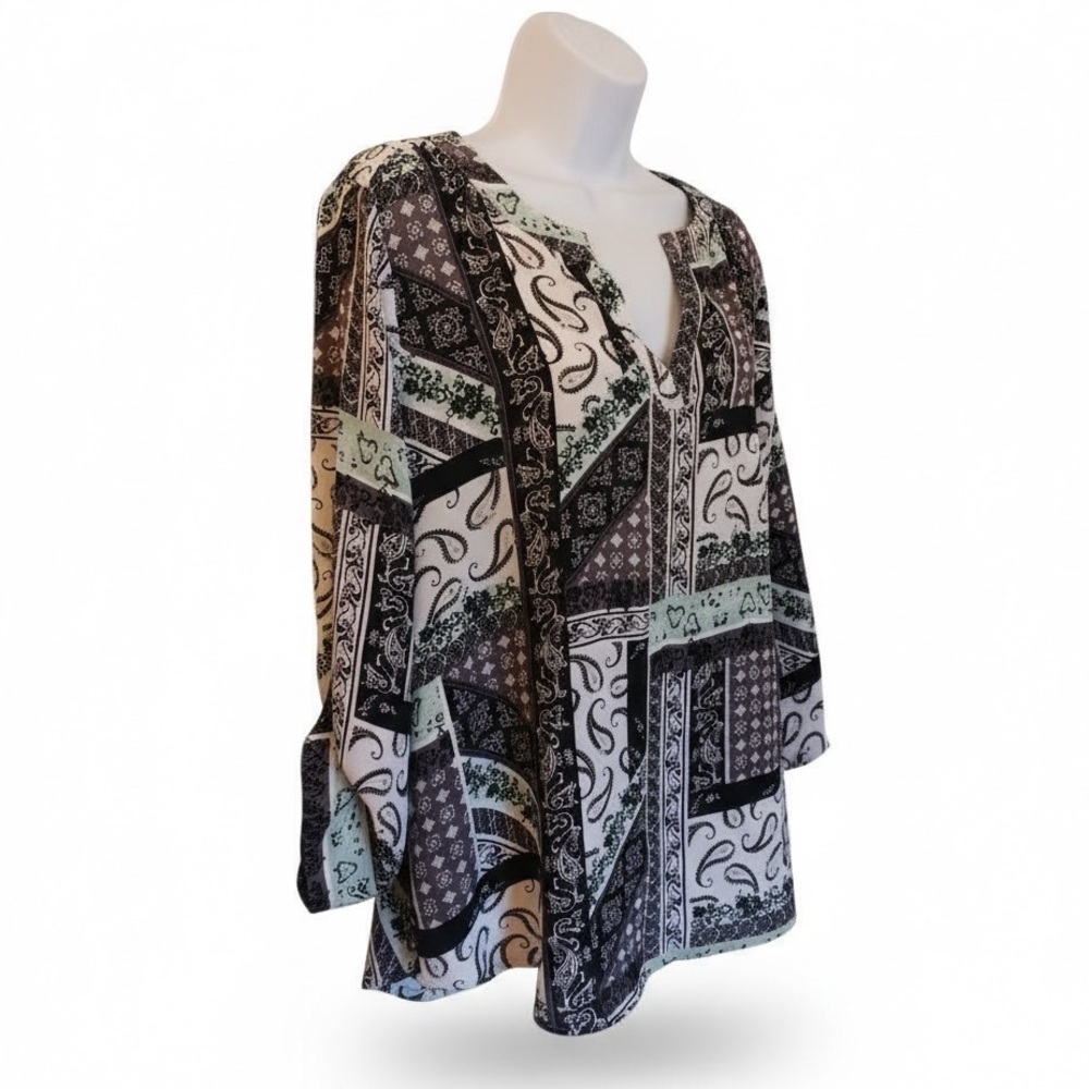 Bohemian Patterned Blouse Black White Green Size L